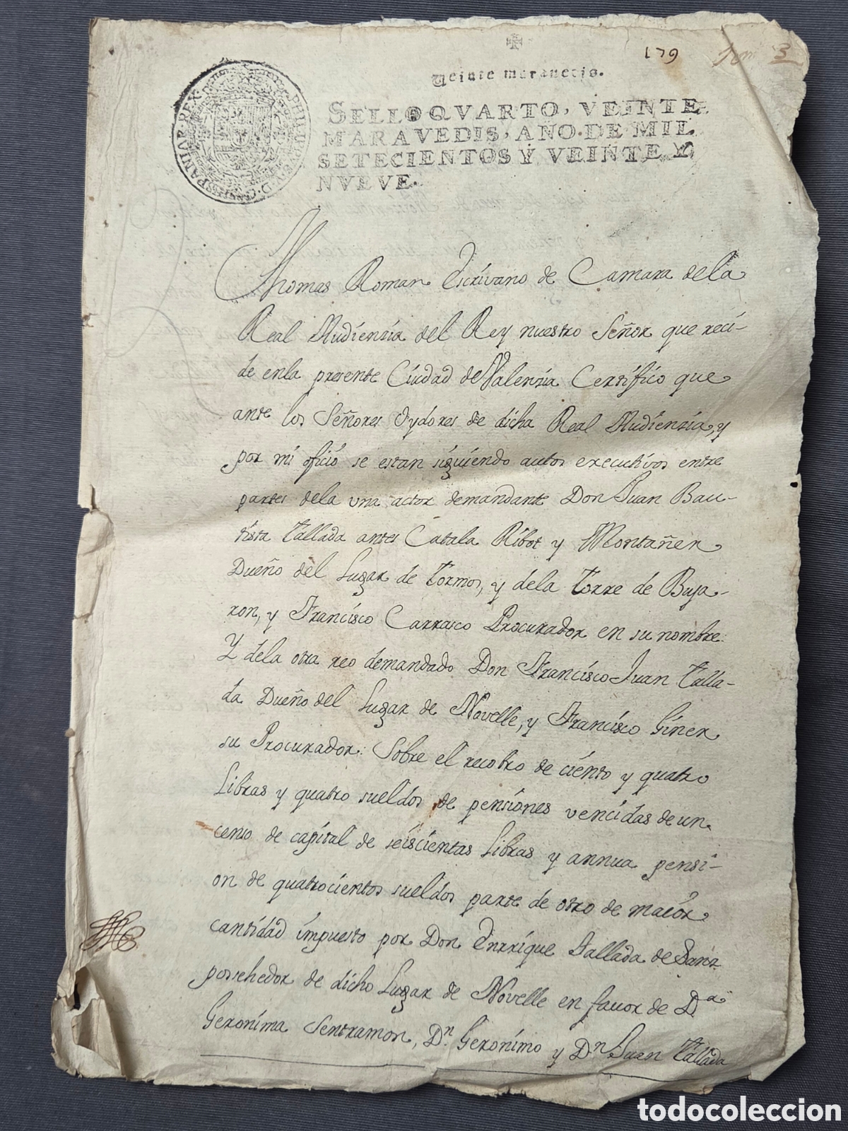 Manuscritos antiguos: VALENCIA 1729 CERTIFICADO JUDICIAL SOBRE PLEITO DEL SE&Ntilde;OR DE TORMOS