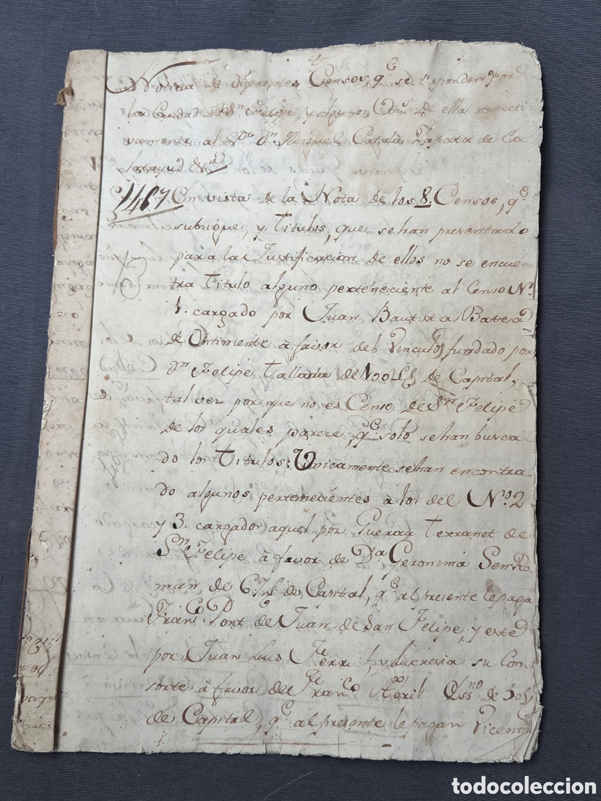 Manuscritos antiguos: VALENCIA SIGLO XVIII NOTICIA DE DIFERENTES CENSOS DEL CONDE DE CIRAT