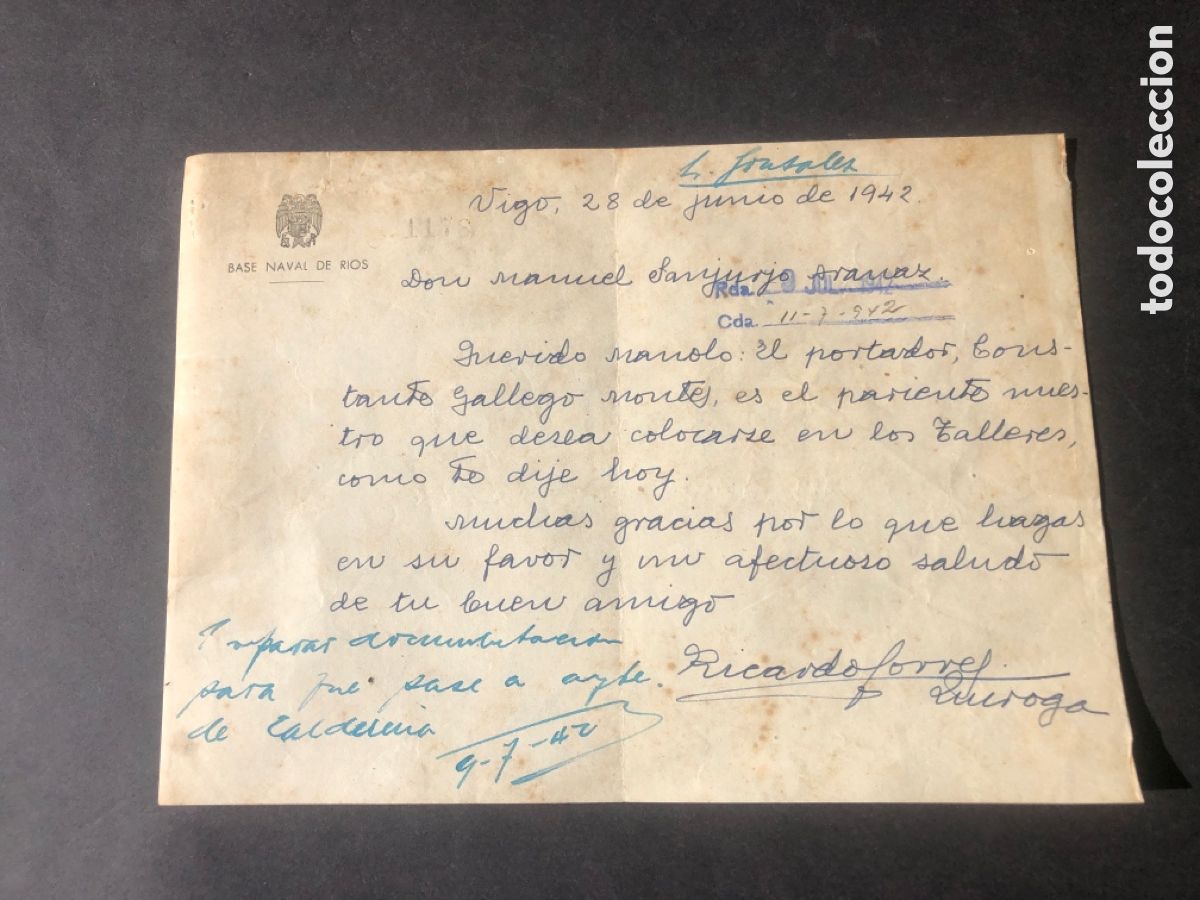 Manuscritos antiguos: Antigua carta manuscrita rara enviada desde la BASE NAVAL DE RIOS anterior a la ETEA VIGO