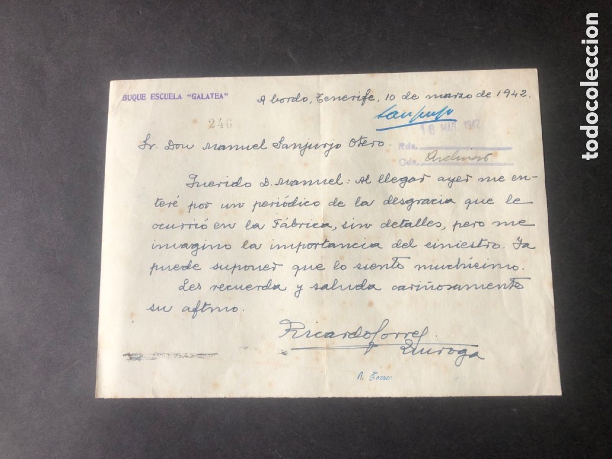 Manuscritos antiguos: Antigua carta manuscrita rara enviada desde el BUQUE ESCUELA GALATEA a VIGO