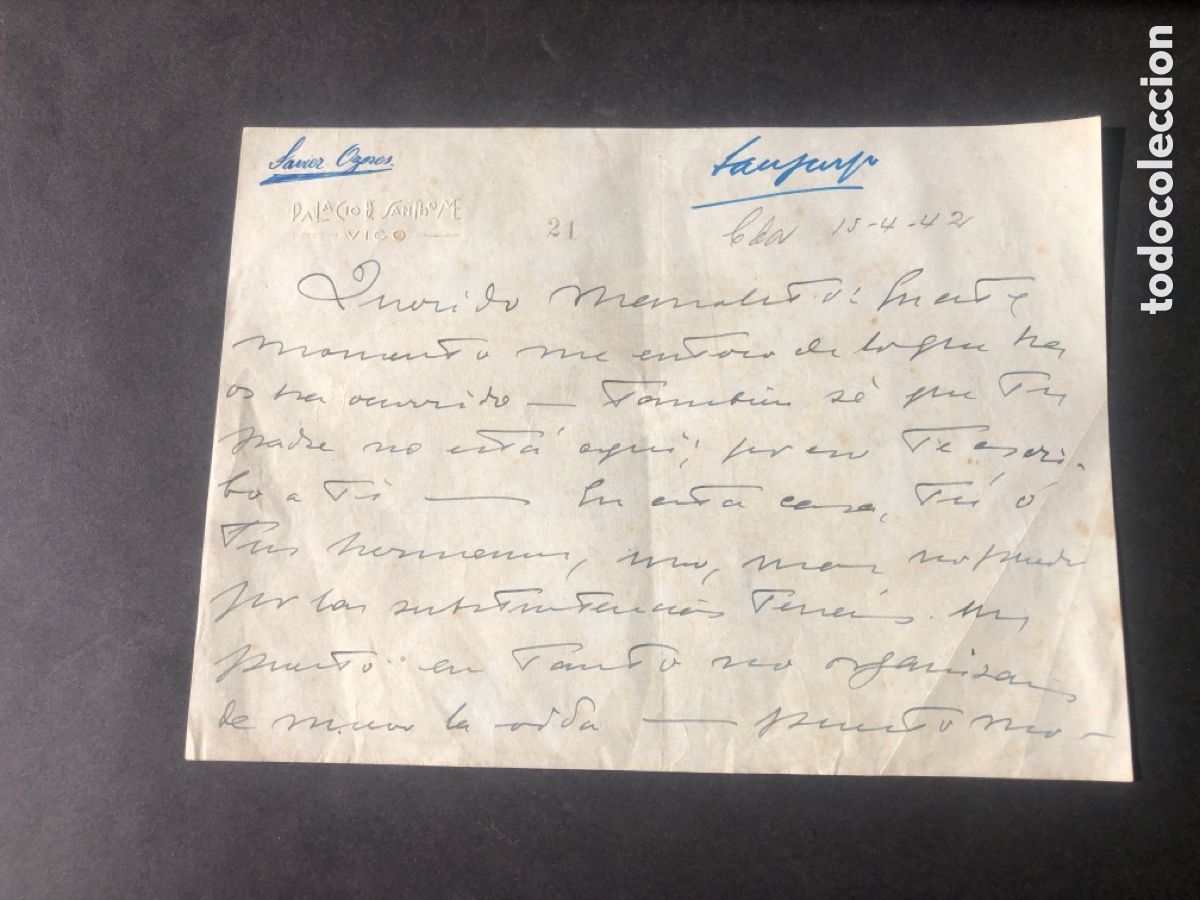 Manuscritos antiguos: Carta manuscrita rara enviada desde el PALACIO DE SANTHOME VIGO