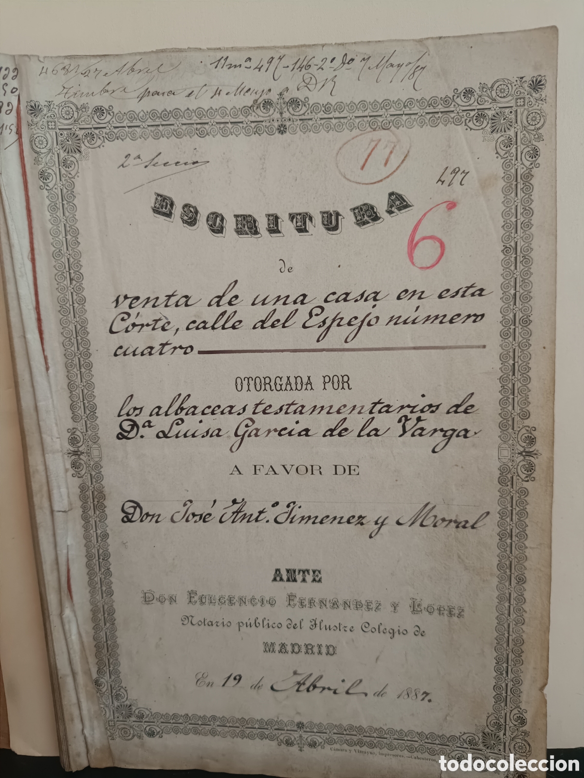 Manuscritos antiguos: MANUSCRITO ESCRITURA VENTA CASA CALLE ESPEJO N&ordm; 4 MADRID 1887 TESTAMENTO SUBASTA 34 HOJAS.
