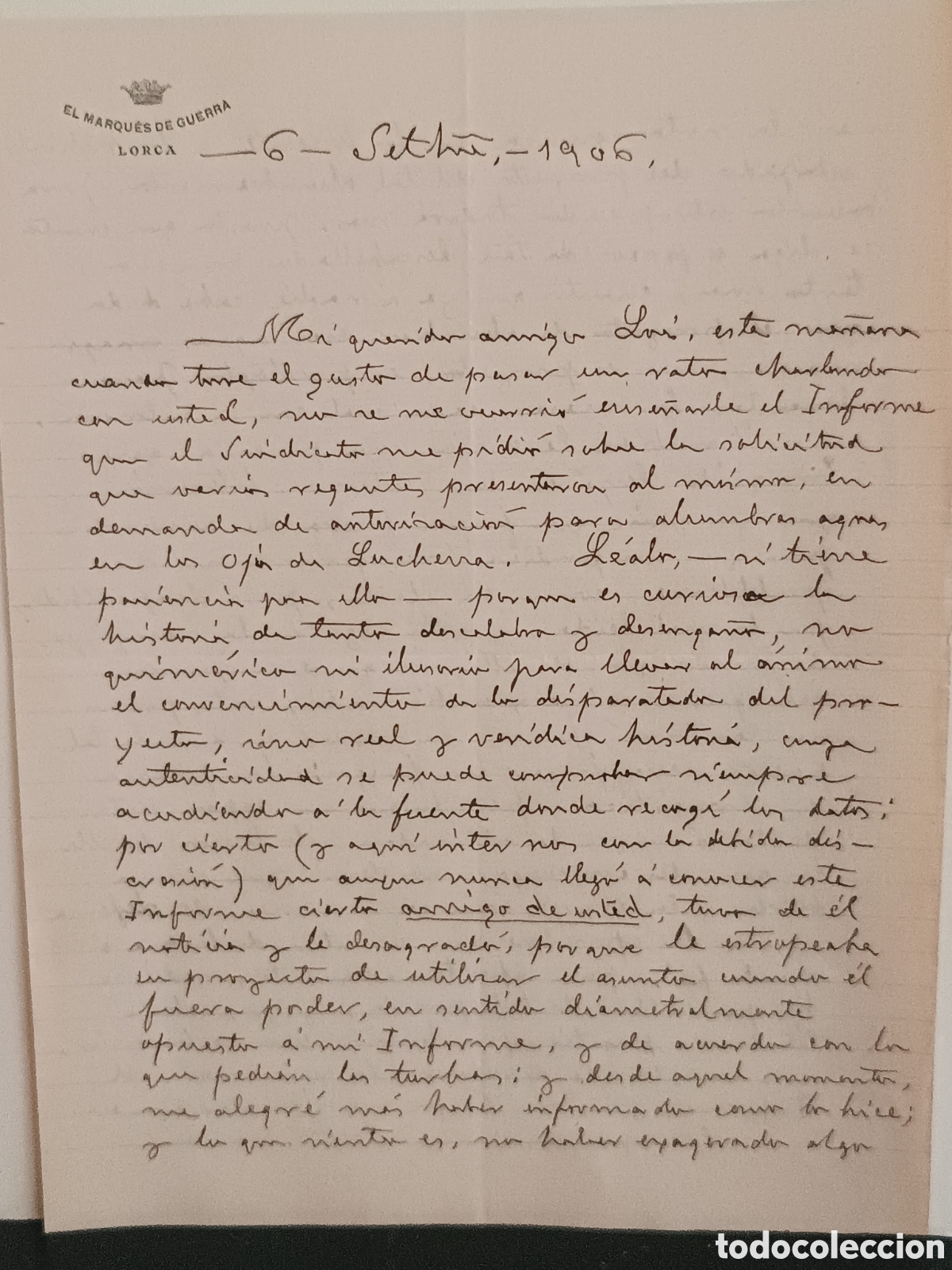 Manuscritos antiguos: MANUSCRITO 1905. MARQU&Eacute;S DE GUERRA, LORCA. INFORME RIEGOS OJOS DE LUCHENA. HISTORIA ALUMBRAMIENTOS