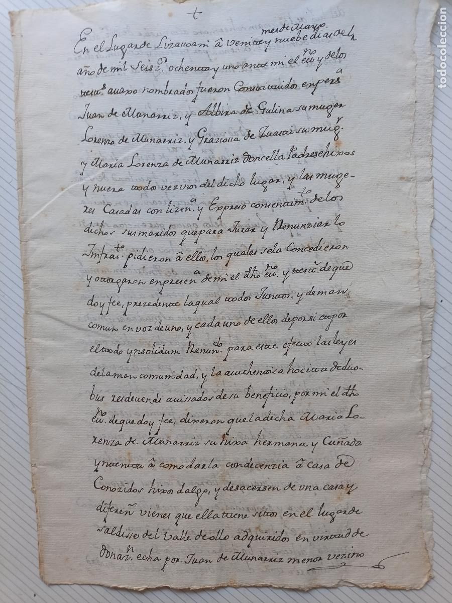 Manuscritos antiguos: Lizasoain, Navarra. Documento de 1681 Juan de Munarriz