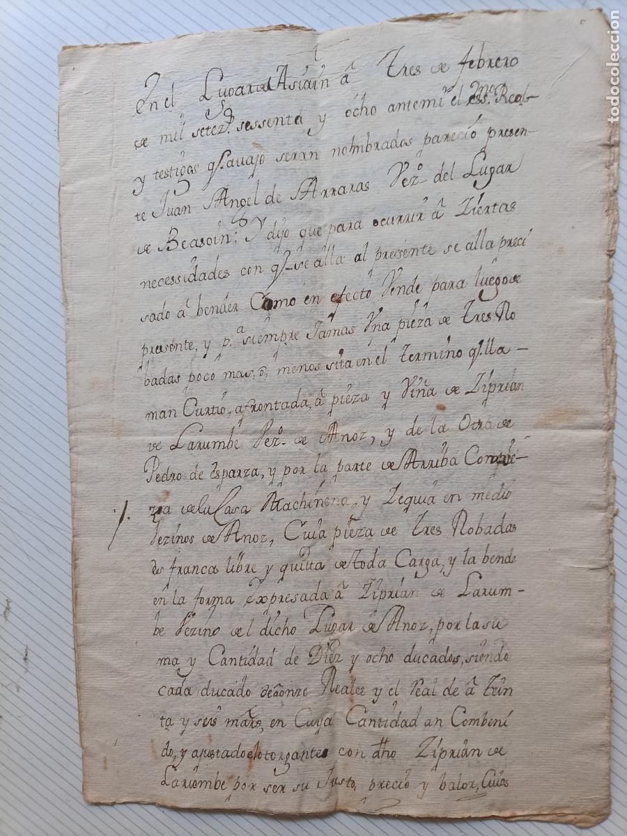 Manuscritos antiguos: Asi&aacute;in, Navarra. Documento de 1768, Juan de Arrar&aacute;s, vecino de Beaso&aacute;in