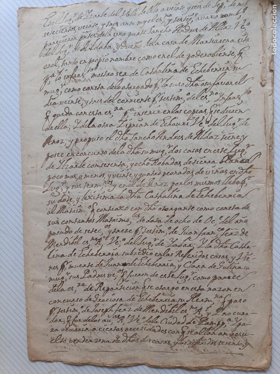 Manuscritos antiguos: Izarbe, Valdizarbe, valle de Ollo, Navarra. Documento de 1723 Sancho Andr&eacute;s de Aldaz, de Aldaba