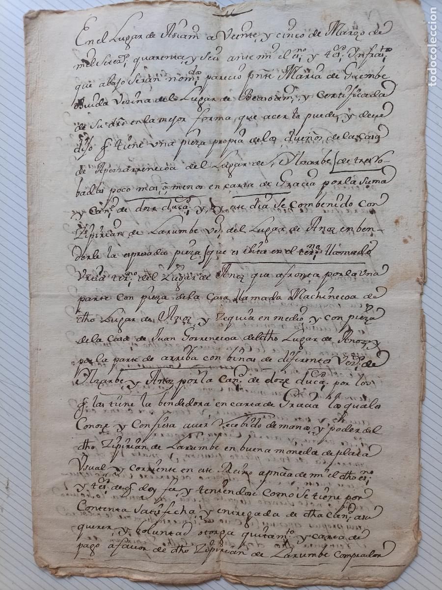 Manuscritos antiguos: Navarra, Asi&aacute;in, documento de 1746 Venta a carta de gracia