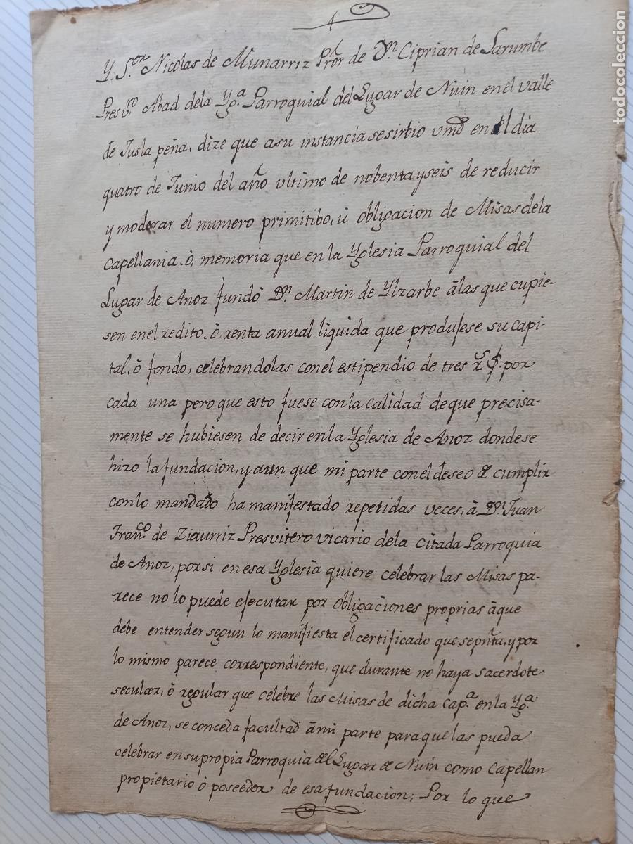 Manuscritos antiguos: Navarra, Nicol&aacute;s de Munarriz, prior de San Cirpri&aacute;n de Larumbe 1797