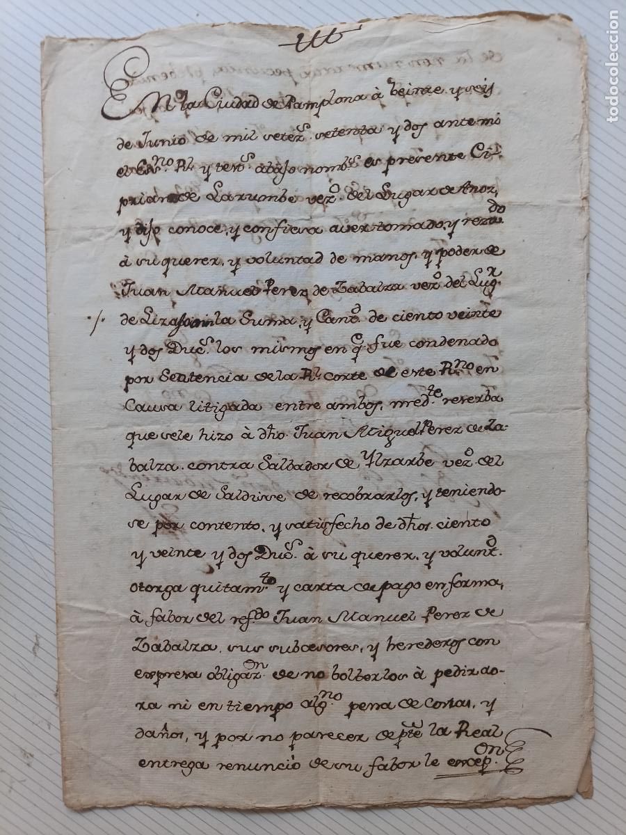 Manuscritos antiguos: Pamplona, Navarra, carta de pago a vecino de Lizasoain, prior de San Cirpri&aacute;n de Larumbe 1792