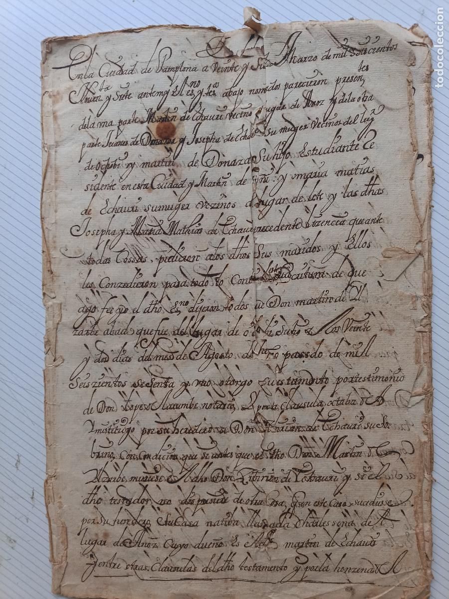 Manuscritos antiguos: Pamplona, Navarra, 1697 Mamotreto. Azoz. Sentencia sobre testamento. Ochovi