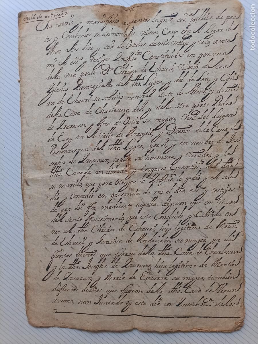 Manuscritos antiguos: Anoz, Navarra. 1703 contrato matrimonial