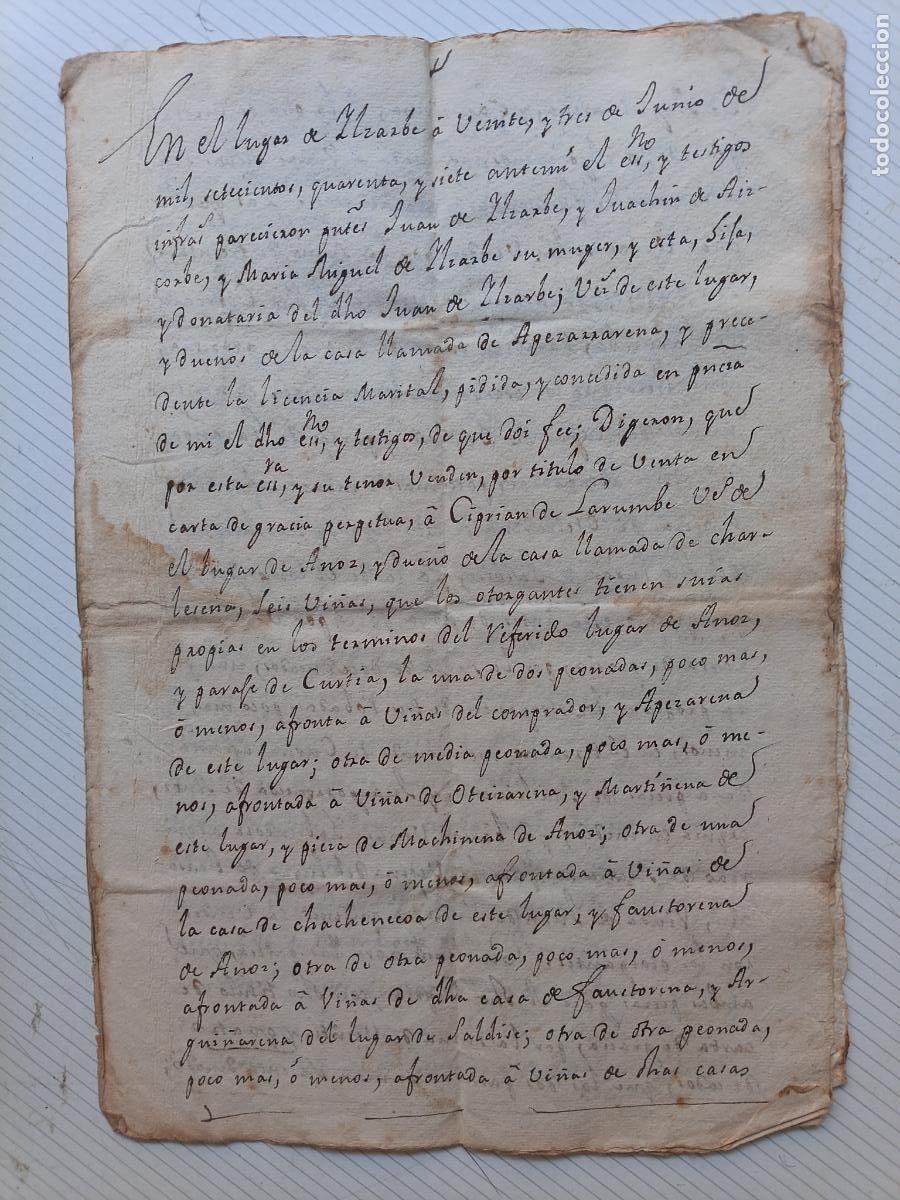 Manuscritos antiguos: Ilzarbe, Ollo, Navarra. 1747 en favor de Cipri&aacute;n de Larumbe, vecino de Anoz