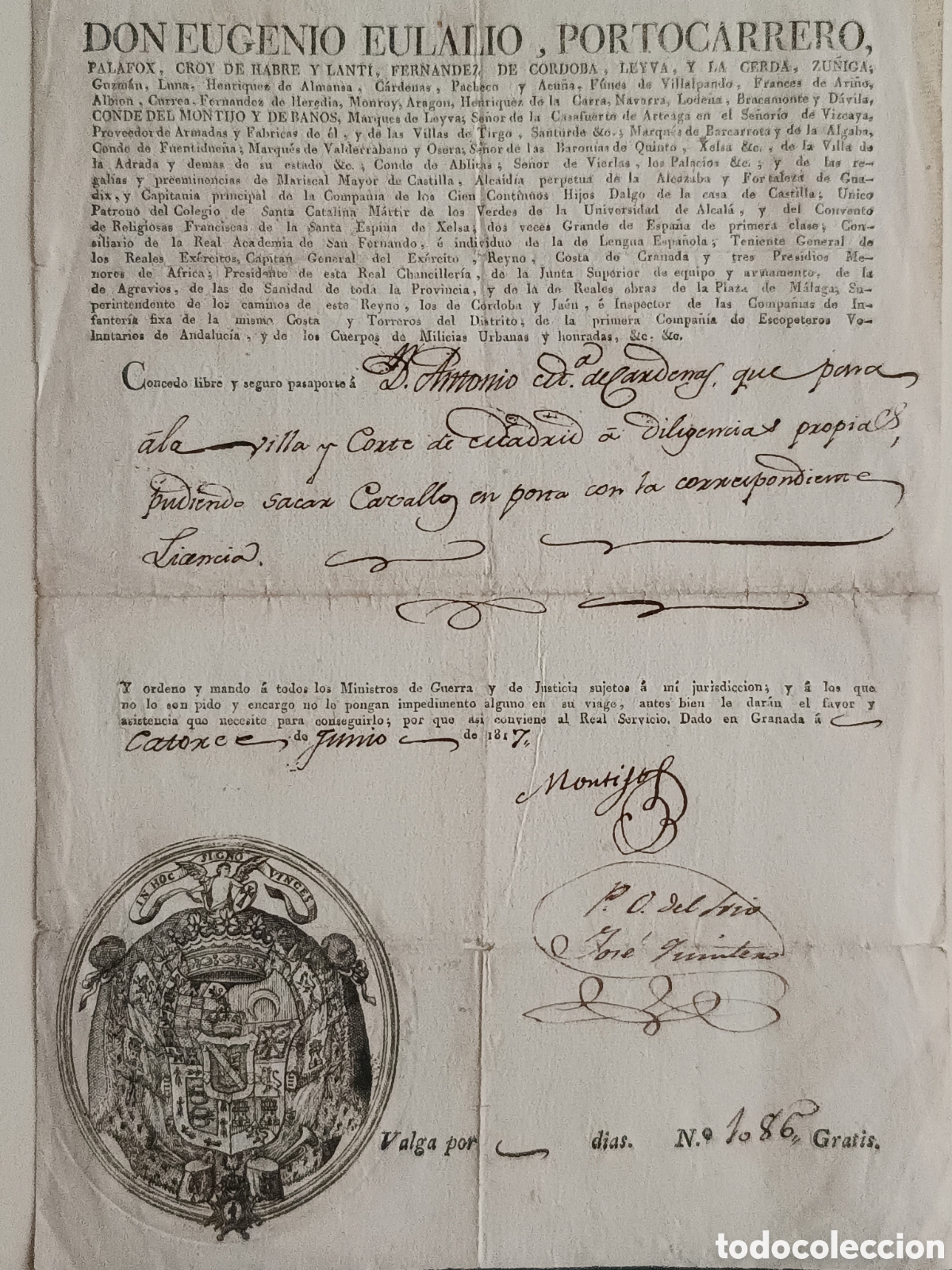 Manuscritos antiguos: PASAPORTE AUTOGRAFIADO 1817- CONDE DE MONTIJO- FIRMADO MANUSCRITO. ESCUDO HER&Aacute;LDICO GRABADO.