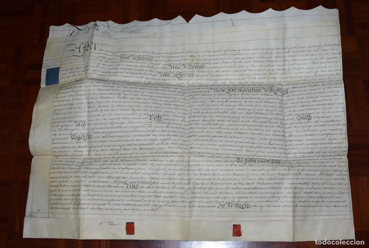 Manuscritos antiguos: Documento notarial ingl&eacute;s en pergamino y de gran tama&ntilde;o (casi un metro de largo extendido). A&ntilde;o 1822