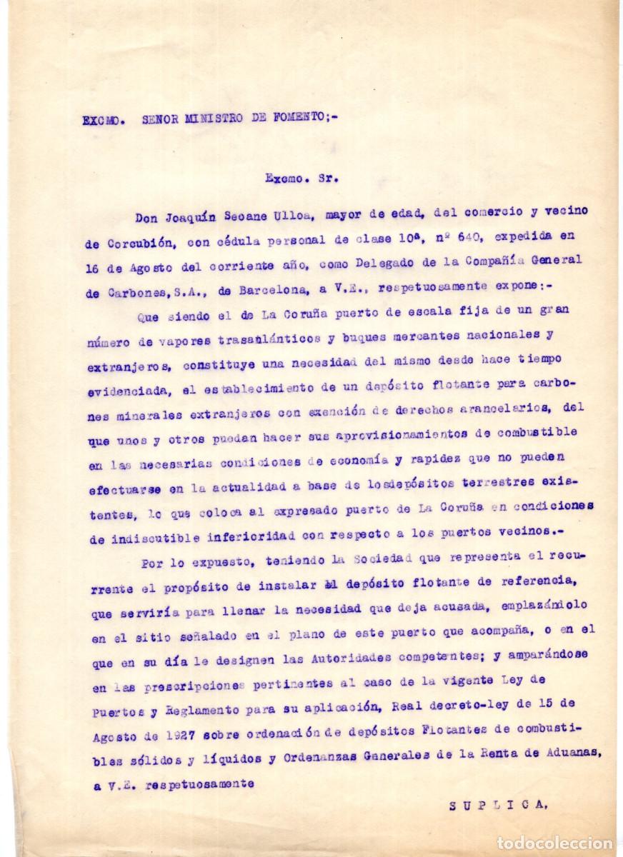 Manuscritos antiguos: SOLICITUD DEP&Oacute;SITO FLOTANTE DE CARB&Oacute;N, PUERTO DE LA CORU&Ntilde;A. COMPA&Ntilde;&Iacute;A GENERAL DE CARBONES, S.A.