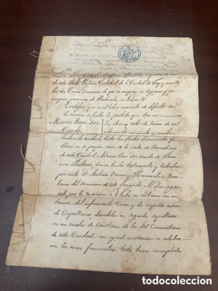 Manuscritos antiguos: SELLO 3&deg; 4 REALES. A&Ntilde;O 1859 TUY ( PONTEVEDRA ) CERTIFICADO DE DEFUNCI&Oacute;N MANUSCRITO