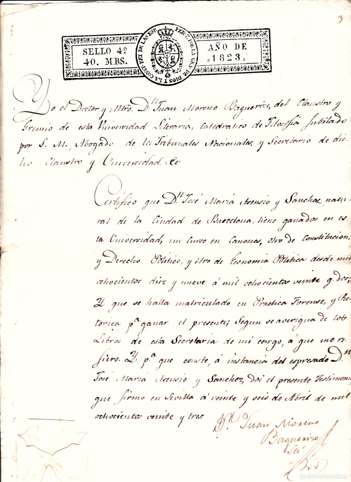 Manuscritos antiguos: Certificado de haber realizado varios cursos en la universidad de Sevilla a&ntilde;o de 1823.