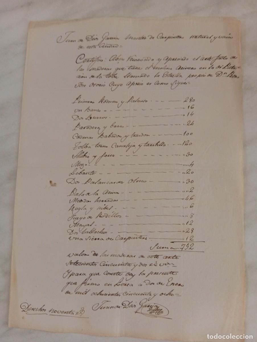 Manuscritos antiguos: CERTIFICADO DE ESTADO MADERAS MOLINO LA ESTRELLA LORCA MURCIA. FAMILIA OSORIO. 1858