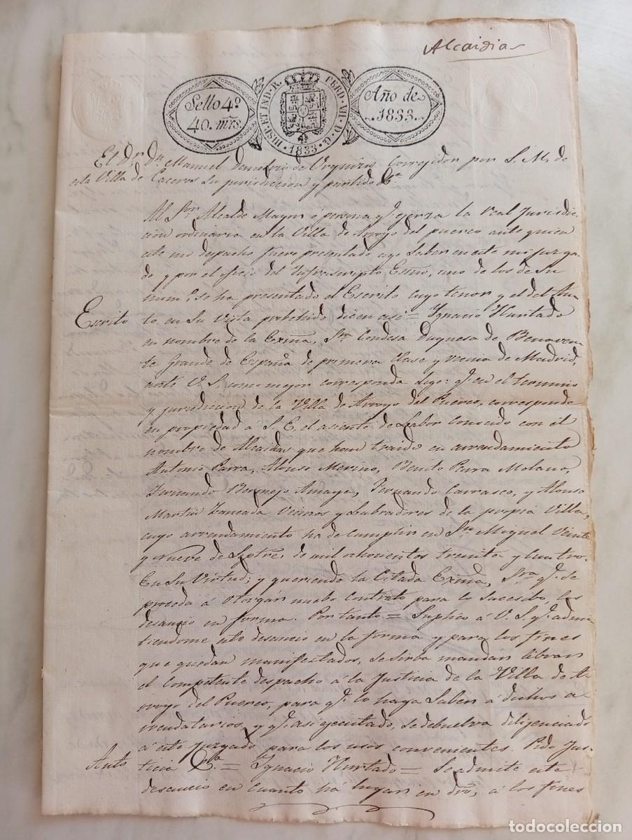 Manuscritos antiguos: EXTENSO DOCUMENTO DESAHUCIO DE TIERRAS CONDESA DE BENAVENTE / DUQUESA DE OSUNA. C&Aacute;CERES 1833