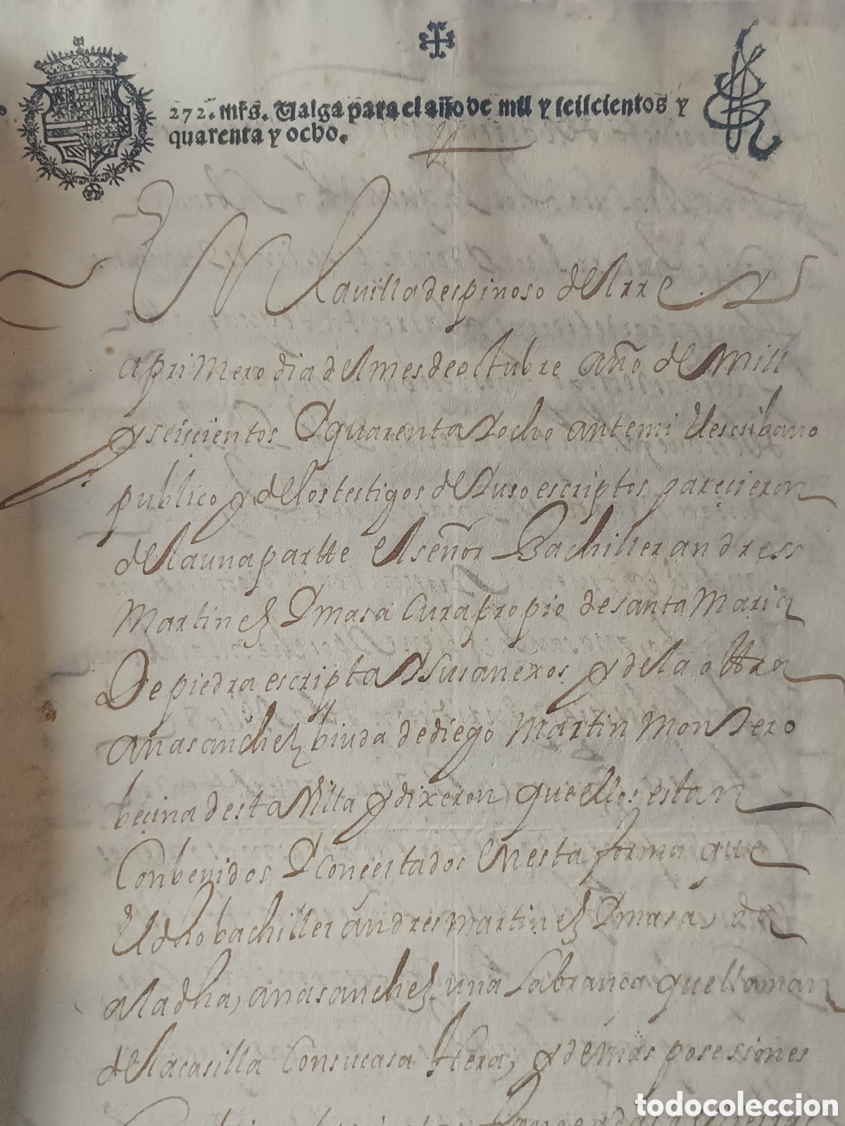 Manuscritos antiguos: MANUSCRITO S. XVII TALAVERA, ALCAUDETE, ESPINOSO DEL REY 38FF. GRAN SELLO 272 MRS 1648 Y 10 M&Aacute;S.
