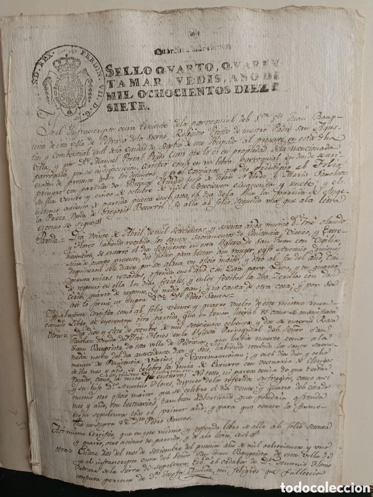 Manuscritos antiguos: MANUSCRITO 1817 PEDRAZA DE LA SIERRA PARTIDA MATRIMONIO FIRMAS ESCRIBANO REALES SELLO FERNANDO VII