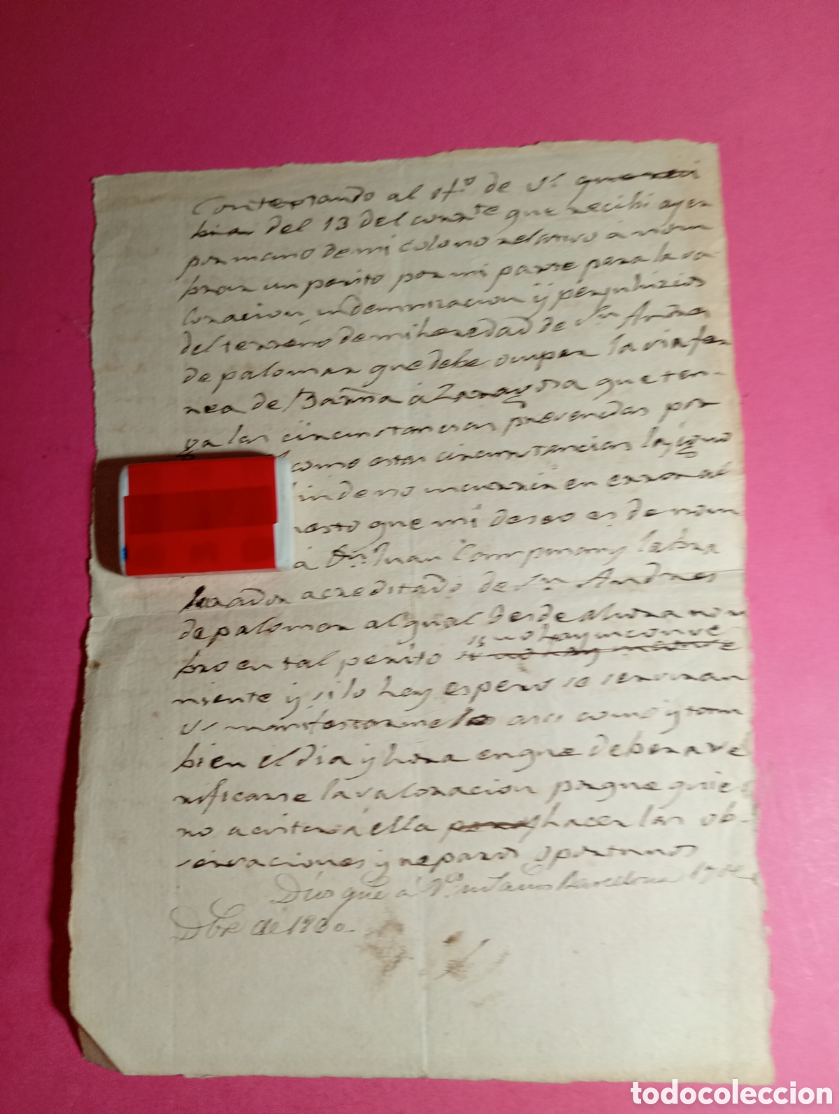 Manuscritos antiguos: Carta 1860 Ferrocarril Barcelona Zaragoza San Andr&eacute;s de Palomar. Letra Procesal Tard&iacute;a. Expropiaci&oacute;n