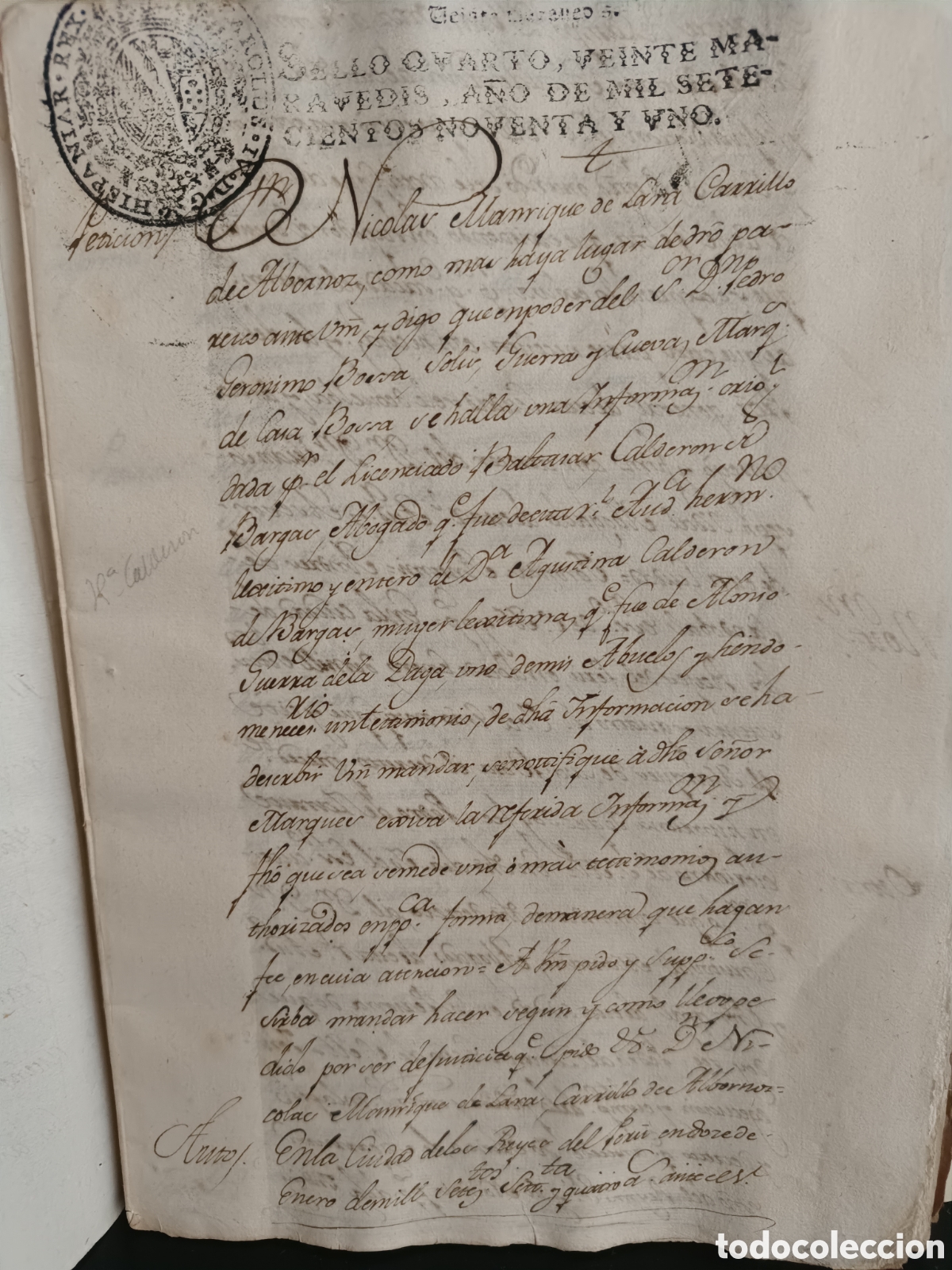 Manuscritos antiguos: MANUSCRITO COLONIAL LIMA 1791- HIDALGUIA LIMPIEZA DE SANGRE BALTASAR CALDER&Oacute;N DE BARGAS CAJAMARCA