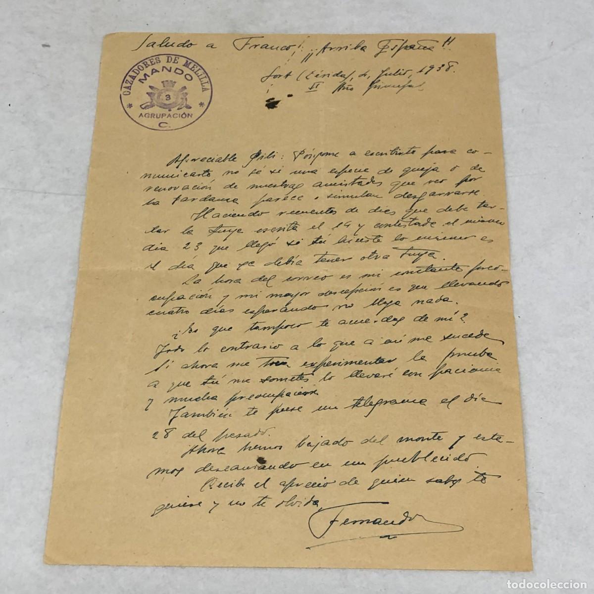 Manuscritos antiguos: CARTA MANUSCRITA - CAZADORES DE MELILLA, MANDO, AGRUPACI&Oacute;N C - L&Eacute;RIDA, 1938 / 1127
