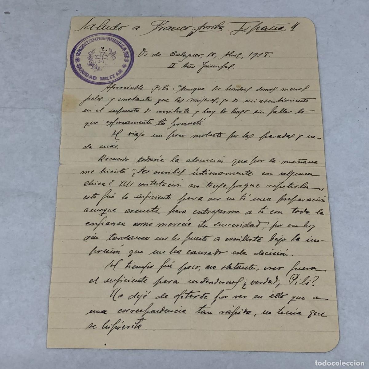Manuscritos antiguos: CARTA MANUSCRITA - CAZADORES DE MELILLA N&ordm; 3 - SANIDAD MILITAR - BALAGUER, 1938 / 1128