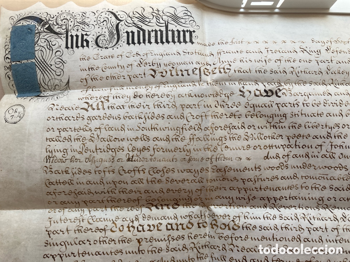 Manuscritos antiguos: Escritura de venta Reino Unido 1698. Indeture. En vitela.