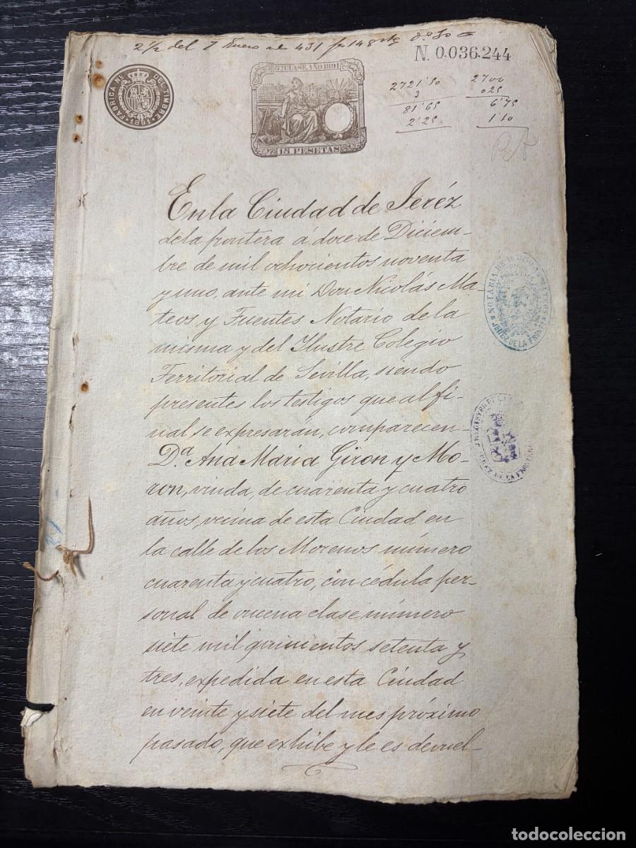 Manuscritos antiguos: JEREZ DE LA FRONTERA 1891. ESCRITURA NOTARIAL MANUSCRITA.CASA CALLE DE LOS MORENOS.10 SELLOS FISCALE