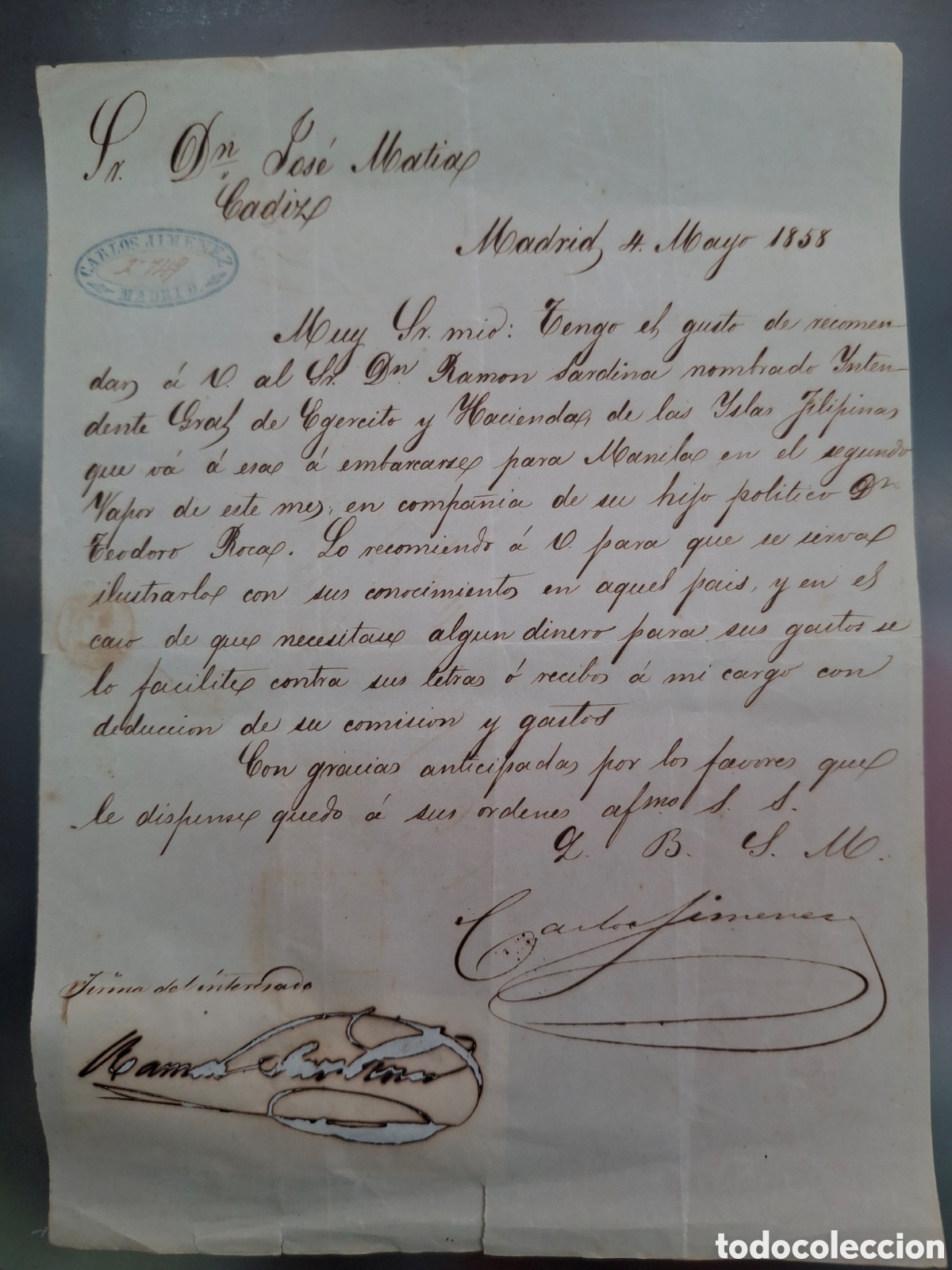 Manuscritos antiguos: Carta enviada a Don Jose Matias comerciante y Naviero con las islas Filipinas.A&ntilde;o de 1858.