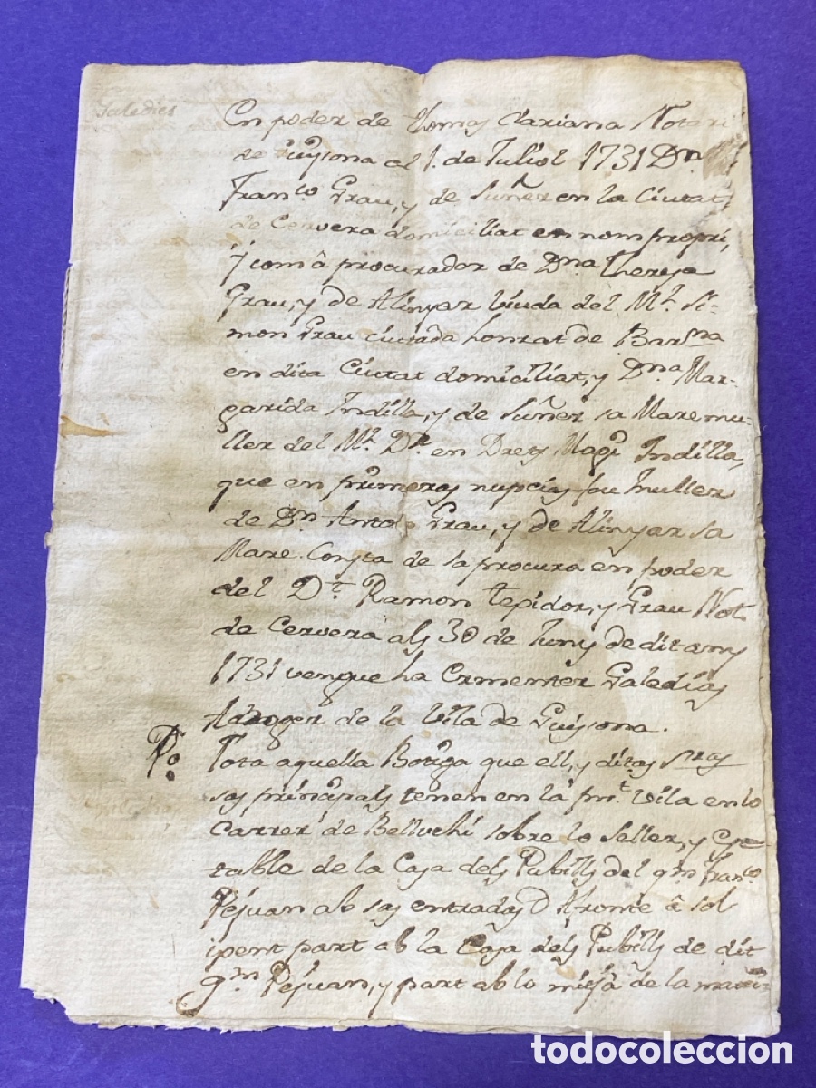Manuscritos antiguos: Documento manuscrito Familia Grau i de Su&ntilde;er (Sunyer) Guissona Tienda y tierras siglo XVIII
