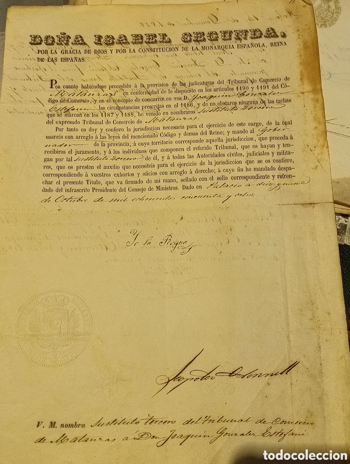 Manuscritos antiguos: Firma real Isabel II y Leopoldo O'Donnell nombramiento de un juez en Cuba