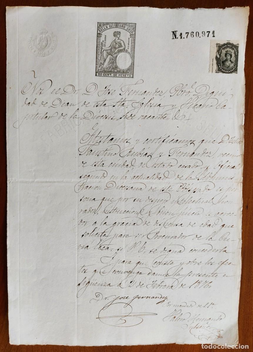 Manuscritos antiguos: SIG&Uuml;ENZA (GUADALAJARA) A&Ntilde;O 1876 - SELLO 11&ordm; 50 CENT. - CERTIFICADO BUENA CONDUCTA FIRMADO DEAN