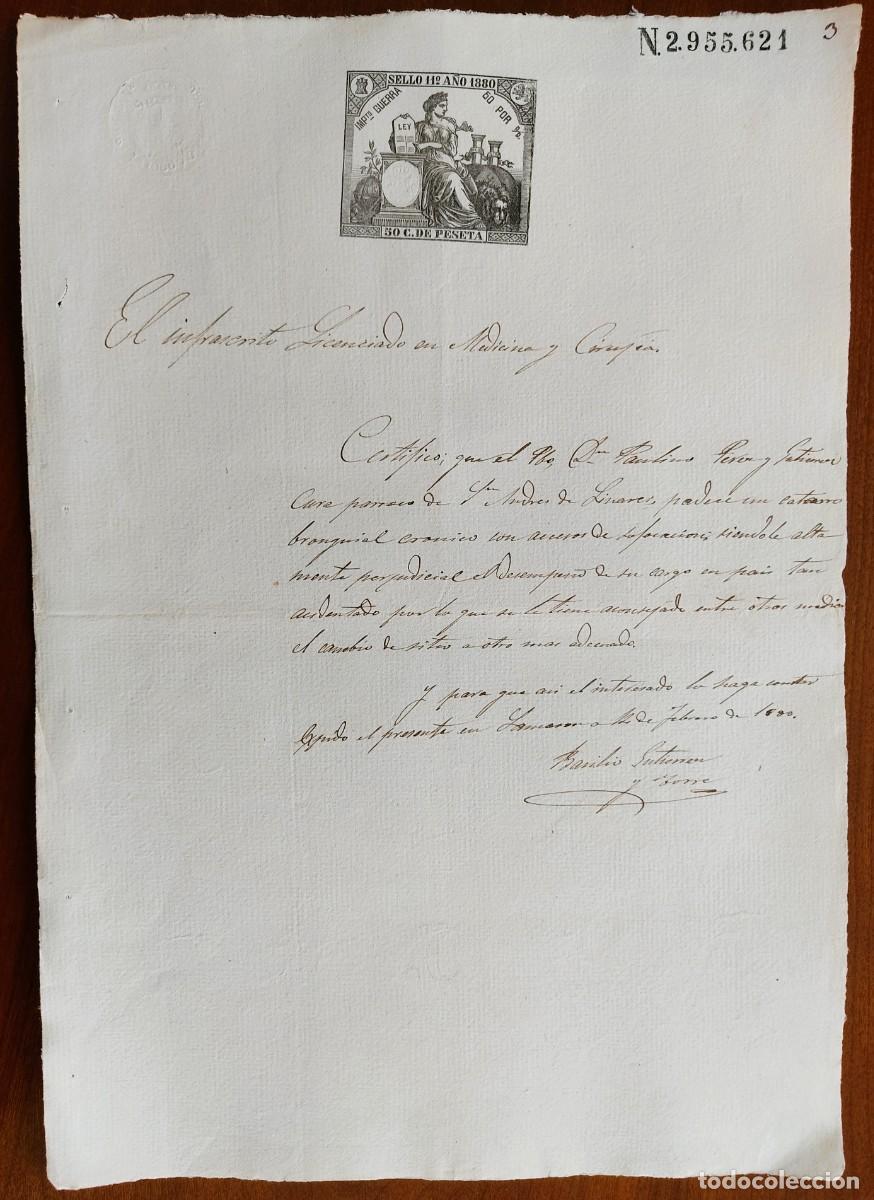Manuscritos antiguos: A&Ntilde;O 1880 - SELLO 11&ordm; 50 CENT. - CERTIFICADO M&Eacute;DICO PARA CURA DE LA IGLESIA DE SAN ANDR&Eacute;S DE LINARES