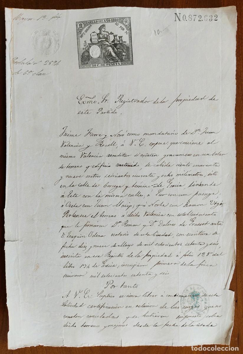 Manuscritos antiguos: BARCELONA A&Ntilde;O 1880 - SELLO 11&ordm; 50 CENT. - ESCRITO AL REGISTRADOR DE LA PROPIEDAD