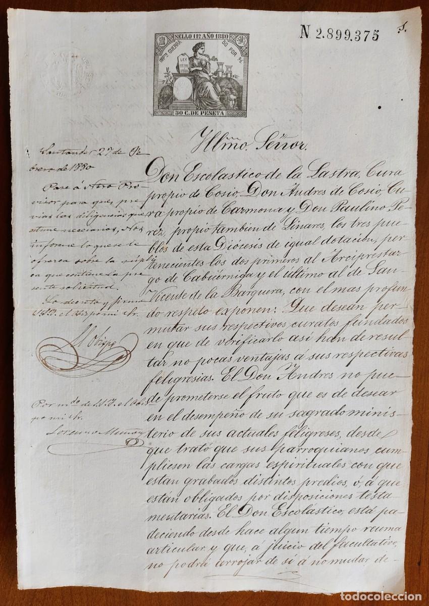 Manuscritos antiguos: COS&Iacute;O, CARMONA Y LINARES (CANTABRIA) A&Ntilde;O 1880 - SELLO 11&ordm; 50 CENT. - PERMUTA RESPECTIVOS CURATOS