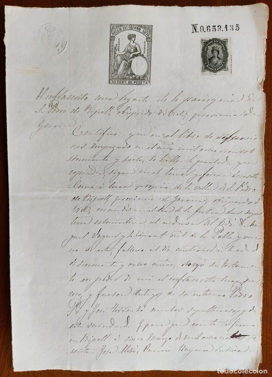 Manuscritos antiguos: PEDRO DE RIPOLL (GERONA) A&Ntilde;O 1876 - SELLO 11&ordm; 50 CENT. - CERTIFICADO DEL CURA