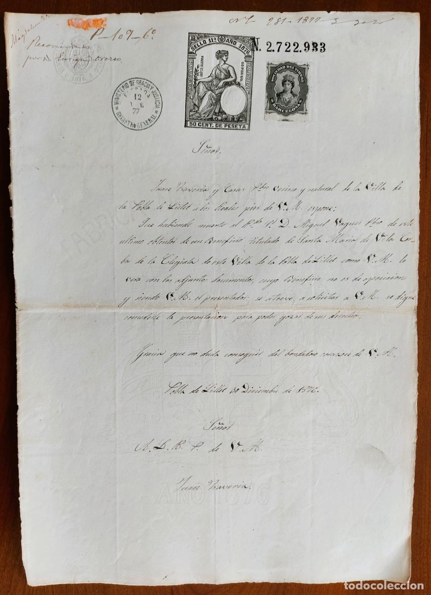 Manuscritos antiguos: POBLA DE SILLET (BARCELONA) A&Ntilde;O 1876 - SELLO 11&ordm; 50 CENT. ESCRITO AL MINISTERIO DE GRACIA Y JUSTICIA