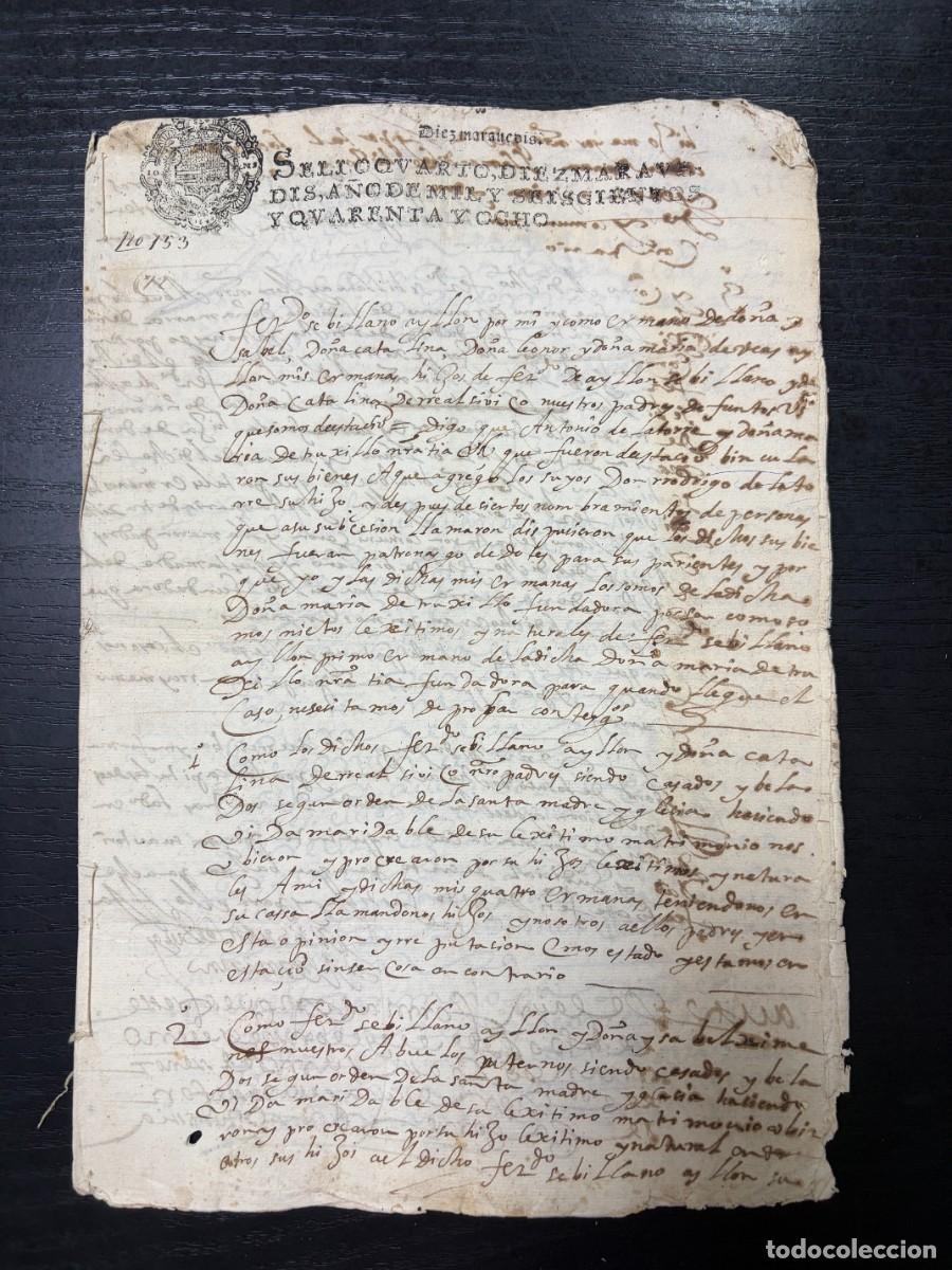 Manuscritos antiguos: ARCOS DE LA FRONTERA, 1648 &ndash; HERENCIAS Y LINAJES &ndash; F&Eacute;LIX LLANO &ndash; 6 SELLOS FISCALES &ndash; 12 P&Aacute;GINAS