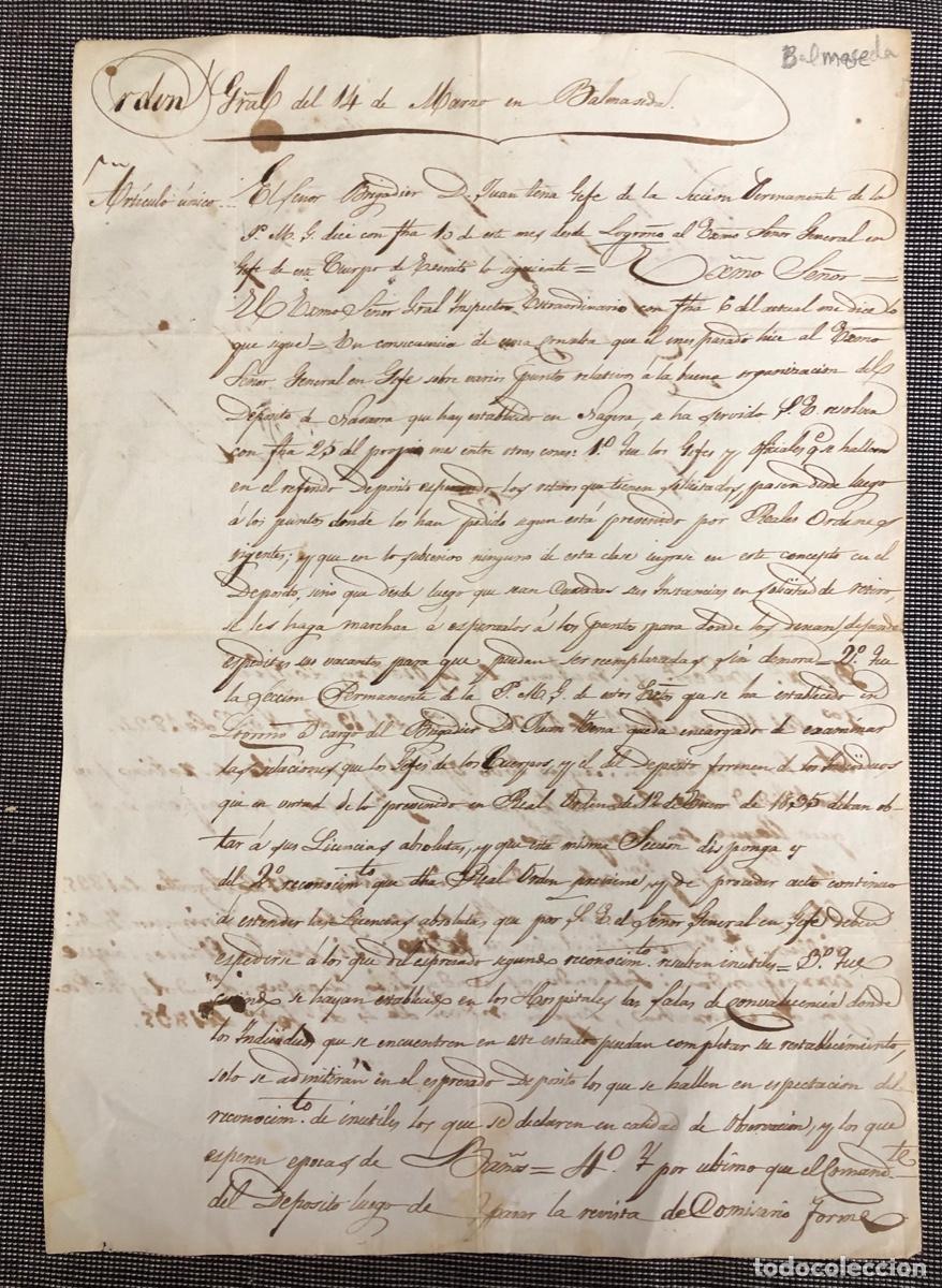 Manuscritos antiguos: MANUSCRITO ORGANIZACION DEL EJERCITO DURANTE LA I GUERRA CARLISTA. BALMASEDA, BIZKAIA. 1835