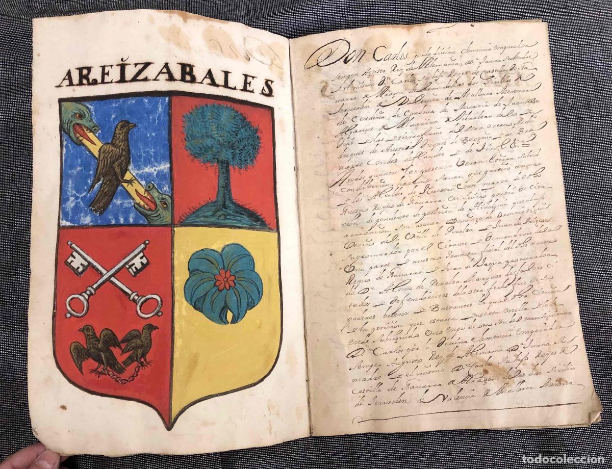 Manuscritos antiguos: MANUSCRITO DADO POR EL REY CARLOS II DE EJECUTORIA DE HIDALGUIA FAMILIA AREIZABALES, NAVARRA