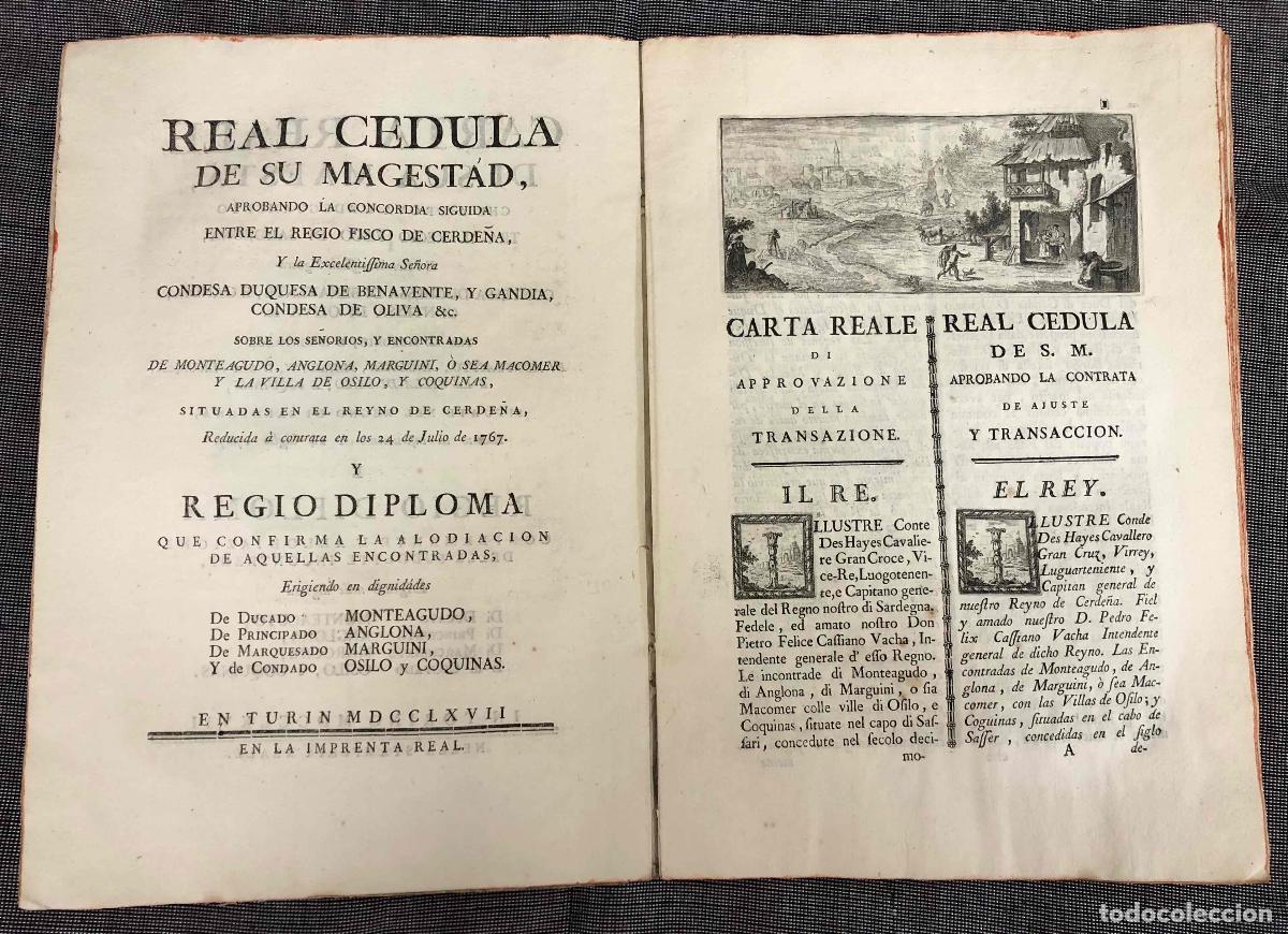 Manuscritos antiguos: REAL CEDULA DE LA CONCORDIA ENTRE EL REINO DE CERDENA Y LA CONDESA DE OLIVA, ARAG&Oacute;N IMPRESA EN TURIN
