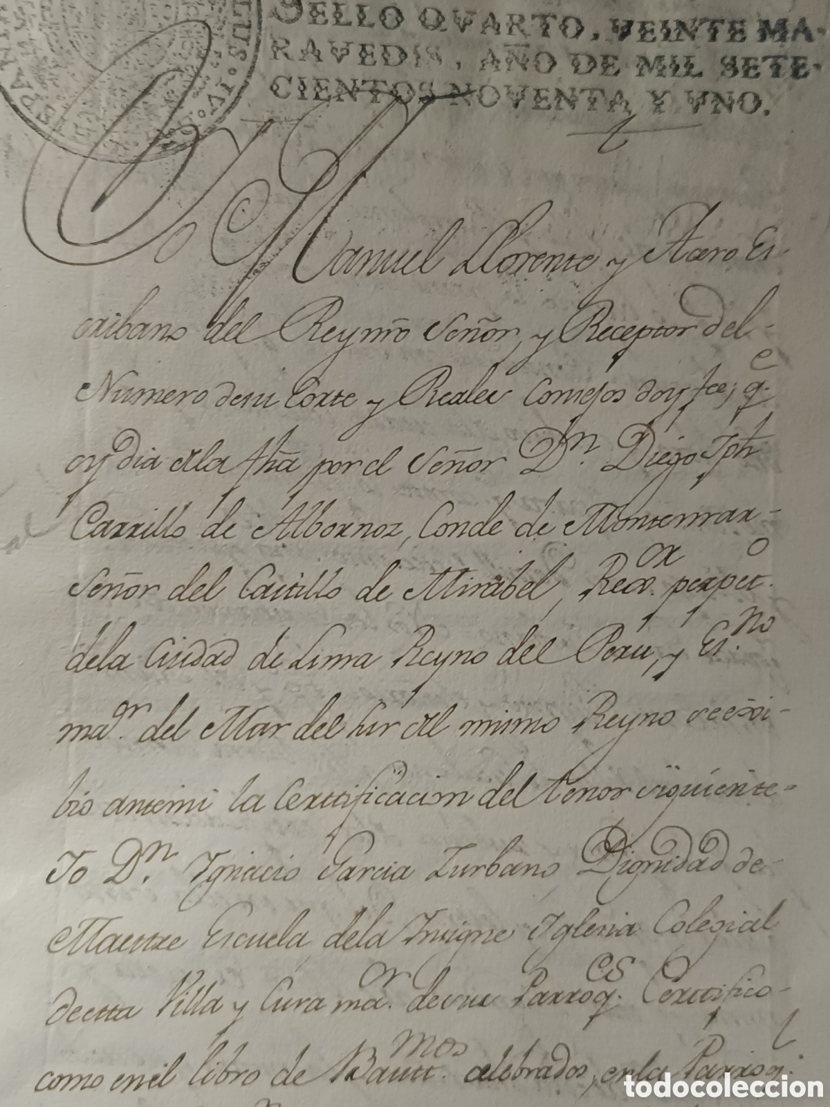 Manuscritos antiguos: MANUSCRITO 1791 CONDE DE MONTEMAR LIMA (PER&Uacute;) PARTIDA BAUTISMO SANDOVAL ESCALONA 1565.