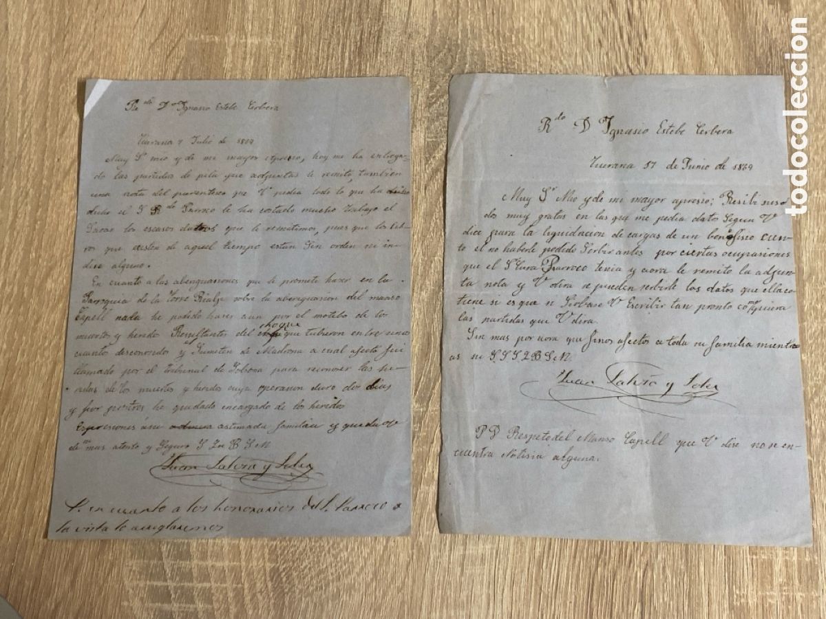 Manuscritos antiguos: 2 cartas manuscritas Tiurana Parroquia Torre Rialp muertos y heridos y ocupaciones Cura P&aacute;rroco 1869