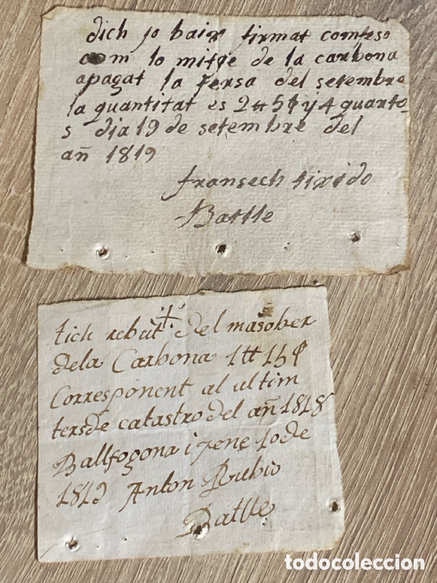 Manuscritos antiguos: 2 recibos r&aacute;pidos o legajos 1819 Carbona - Ballfogona firmados dos alcaldes diferentes