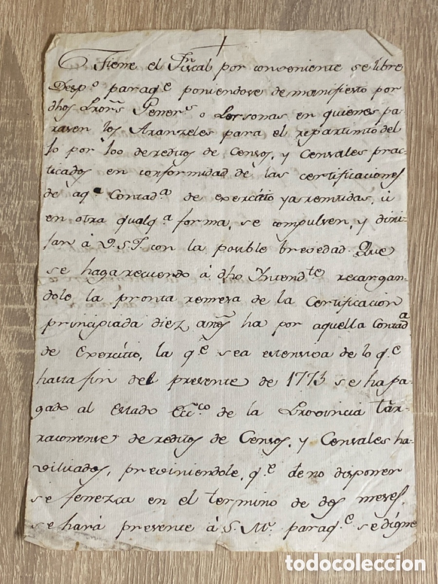Manuscritos antiguos: Nota o carta a Investigar Fiscal Provincia Tarraconenses R&eacute;ditos de Censos y Censales 1773