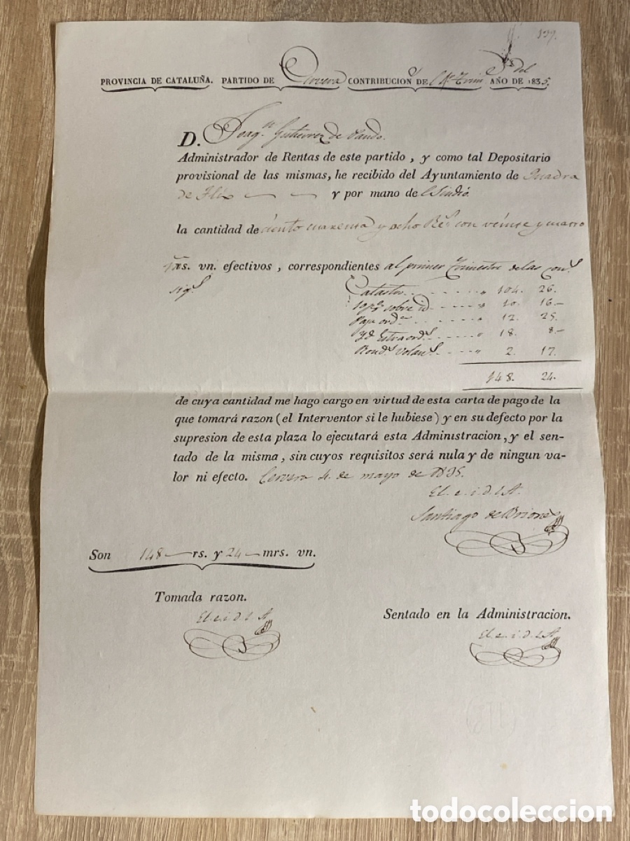 Manuscritos antiguos: Provincia Catalu&ntilde;a 1835 Carta de pago trimestre de Catastro Paja ordinaria Rondas Volantes