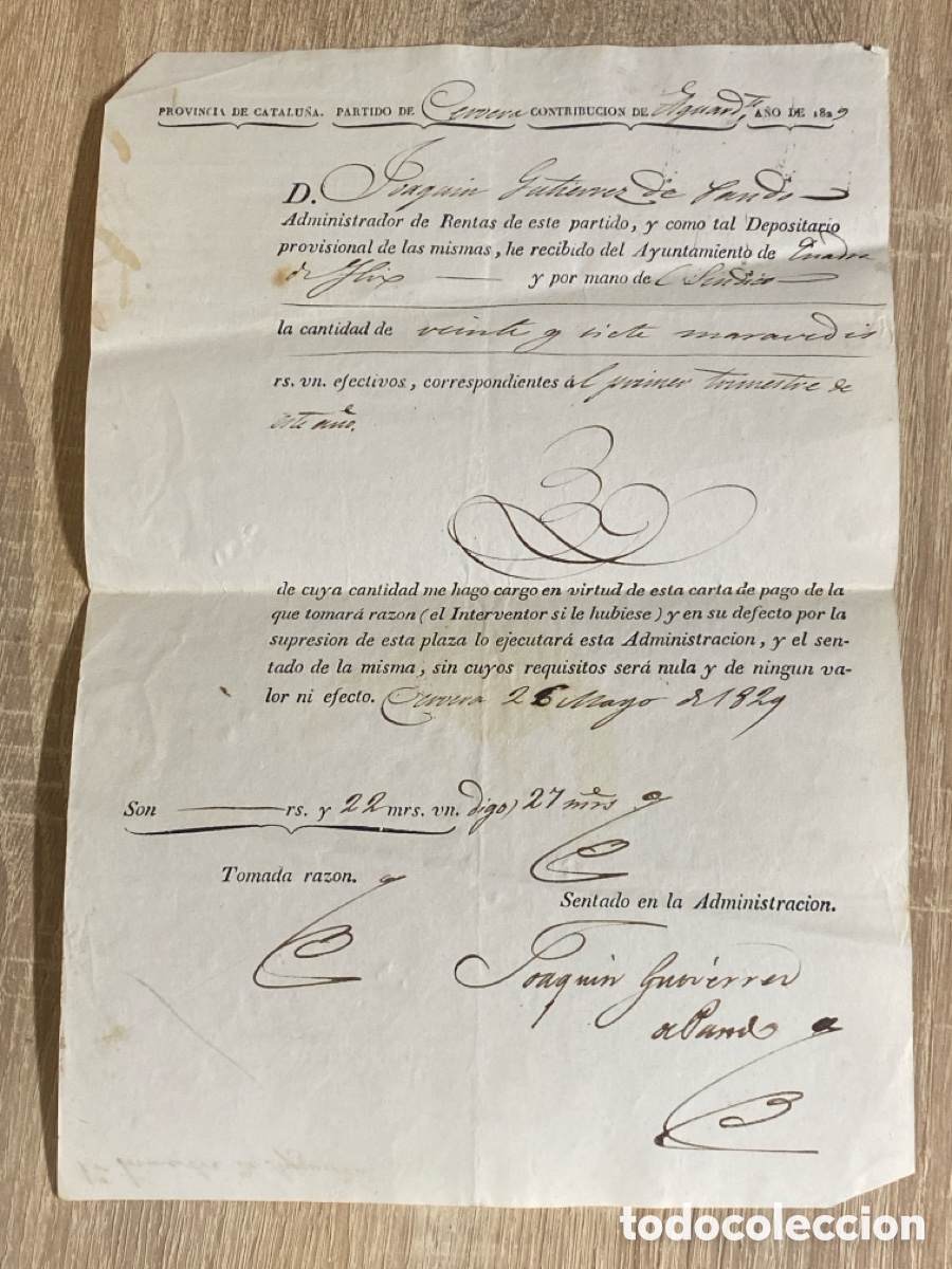 Manuscritos antiguos: Provincia Catalu&ntilde;a 1828 Carta de pago Aguardiente